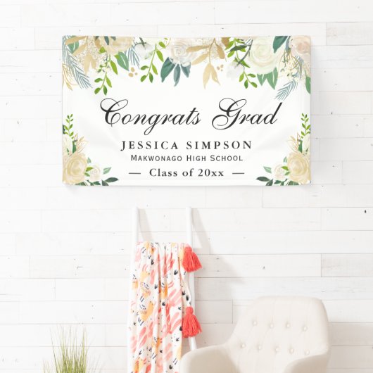 Ivory Golden Floral Modern Afstuderen Afstuderen Spandoek (Insitu)