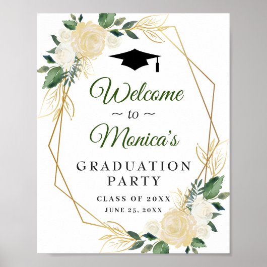 Ivory Golden Floral Welcome Graduation Party Poster (Voorkant)