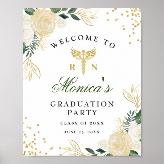 Ivory Golden Floral Welcome Graduation Party Poster (Voorkant)