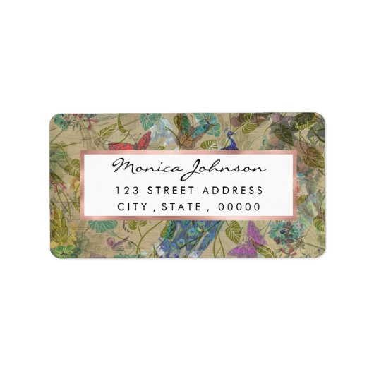 Ivory Green Blue Pink Peacock Collage Etiket (Voorkant)