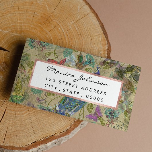 Ivory Green Blue Pink Peacock Collage Etiket