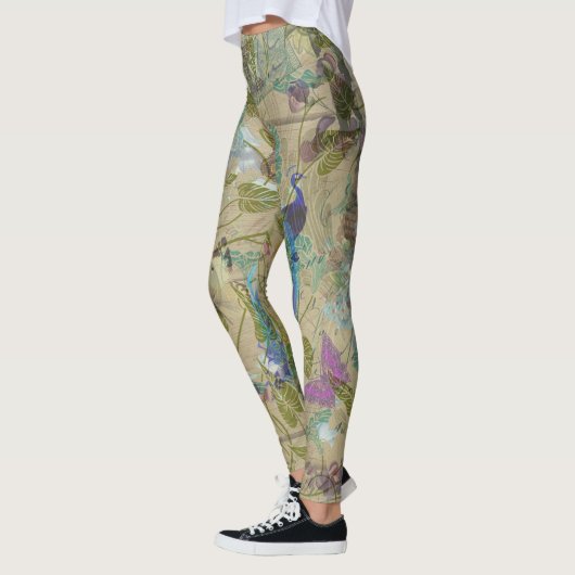 Ivory Green Blue Pink Peacock Collage Leggings (Links)