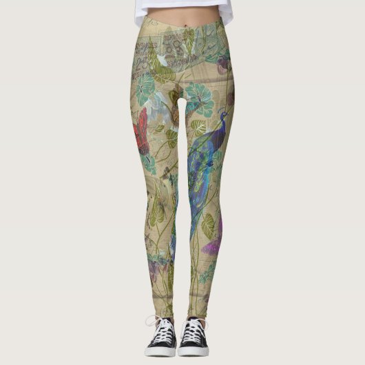  Ivory Green Blue Pink Peacock Collage Leggings (Voorkant)