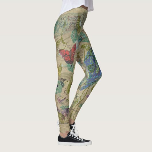  Ivory Green Blue Pink Peacock Collage Leggings (Rechts)