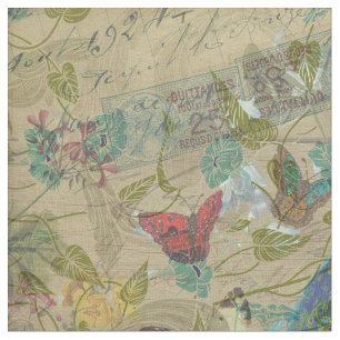 Ivory Green Blue Pink Peacock Collage Stof