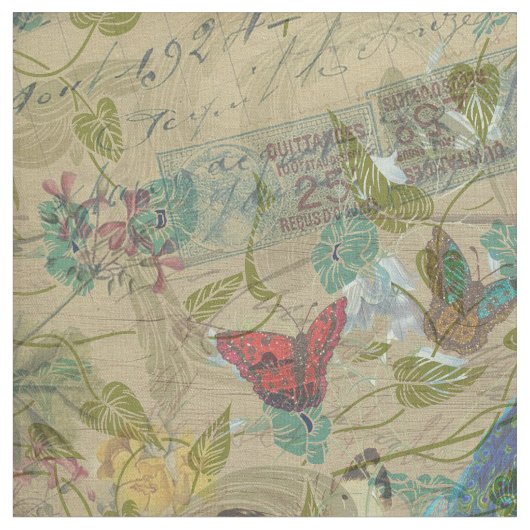 Ivory Green Blue Pink Peacock Collage Stof (Close Up)