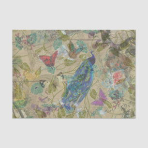 Ivory Green Blue Pink Peacock Collage Tissuepapier
