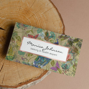 Ivory Green Blue Pink Peacock Collage Visitekaartje