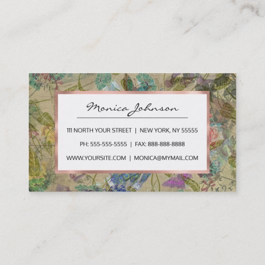 Ivory Green Blue Pink Peacock Collage Visitekaartje (Achterkant)