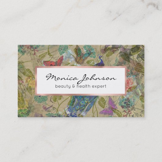 Ivory Green Blue Pink Peacock Collage Visitekaartje (Voorkant)