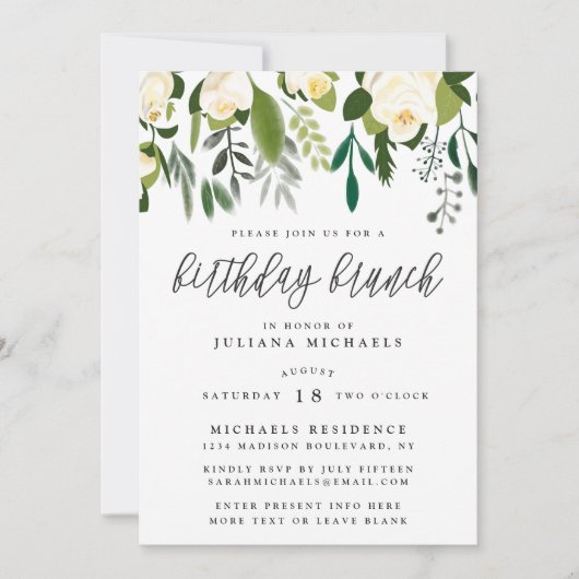 Ivory & Green Botanical Birthday Brunch Kaart (Voorkant)
