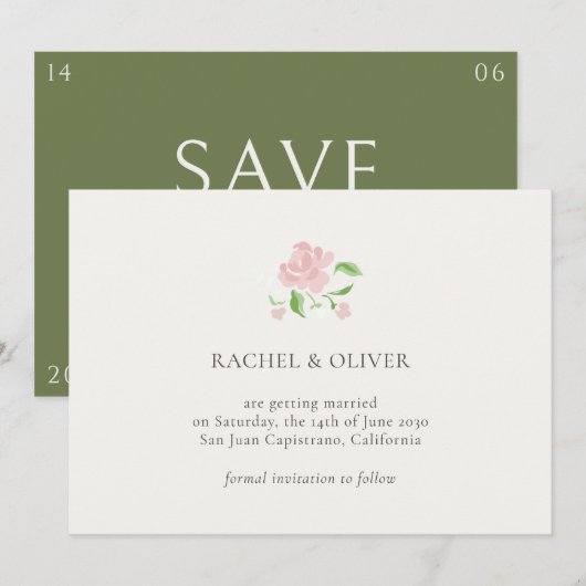 Ivory & Green | Floral Rose Wedding Save The Date (Voorkant / Achterkant)