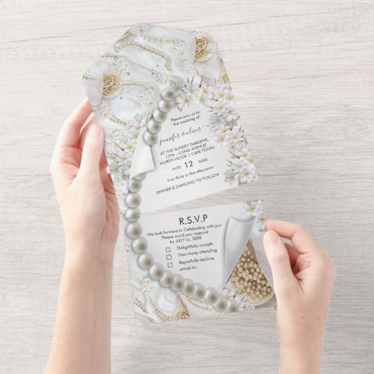 Ivory-Green-Gold parels allemaal in één bruiloft u All In One Uitnodiging (Afscheurbaar)