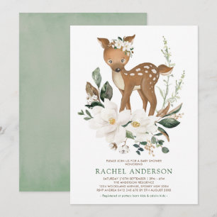 Ivory Green Magnolia Woodland Deer Baby shower Kaart