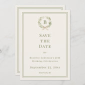 Ivory green monogram wreath birthday save the date (Voorkant / Achterkant)