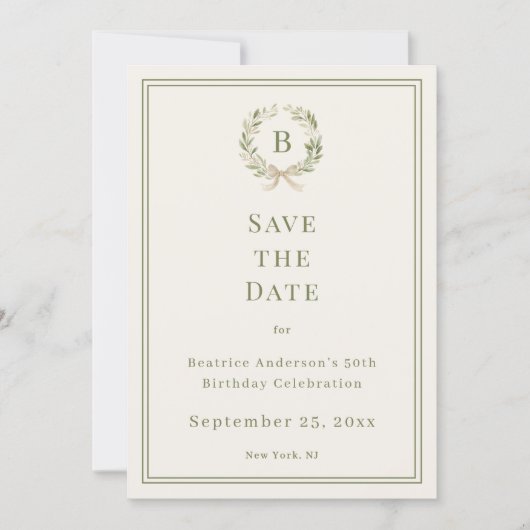 Ivory green monogram wreath birthday save the date (Voorkant)