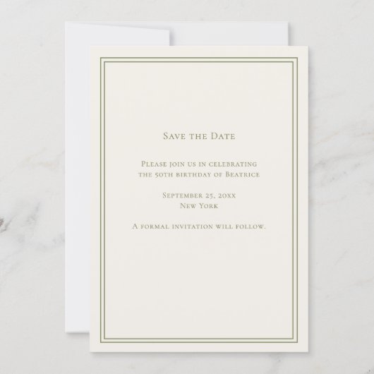 Ivory green monogram wreath birthday save the date (Achterkant)