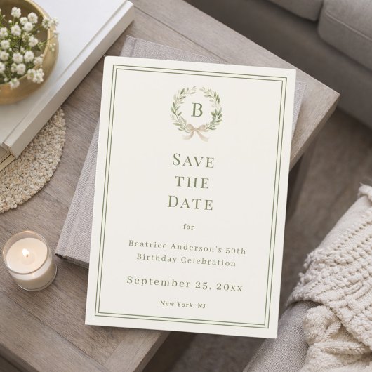 Ivory green monogram wreath birthday save the date