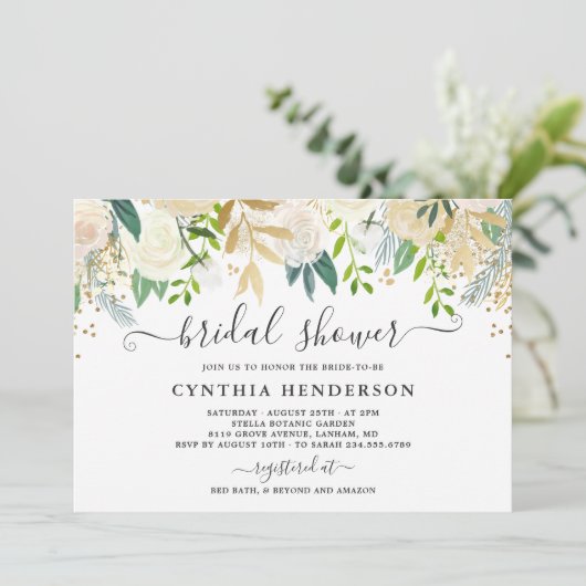 Ivory Greenery Gold Bloom Vrijgezellenfeest Kaart (Staand voorkant)