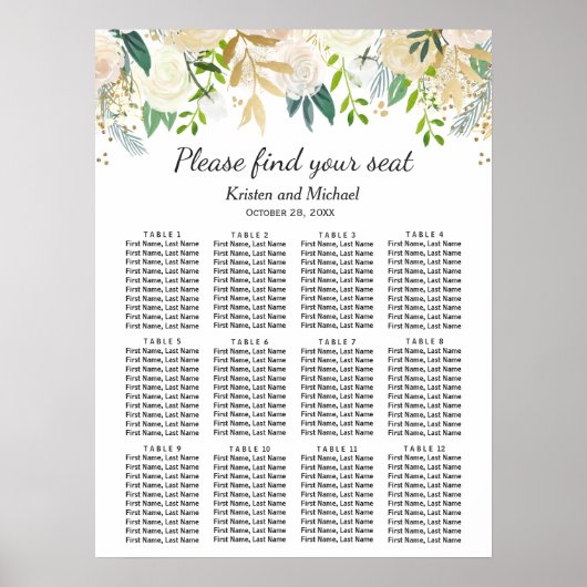 Ivory Greenery Gold Floral Wedding Seating Chart Poster (Voorkant)