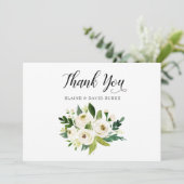Ivory greenery white rose floral bruiloft bedankt kaart (Staand voorkant)