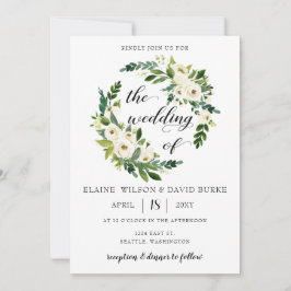 Ivory greenery white roses floral wreatbruiloft kaart