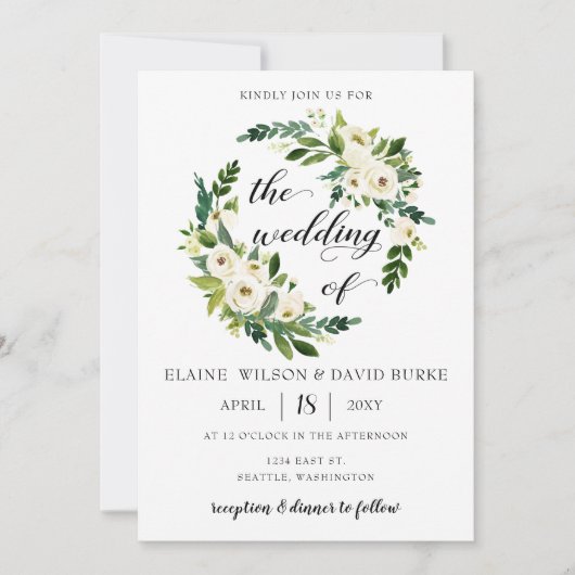 Ivory greenery white roses floral wreatbruiloft kaart (Voorkant)