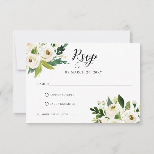 Ivory greenery white roses floral wreatbruiloft RSVP kaartje (Voorkant)