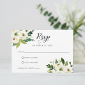 Ivory greenery white roses floral wreatbruiloft RSVP kaartje (Staand voorkant)