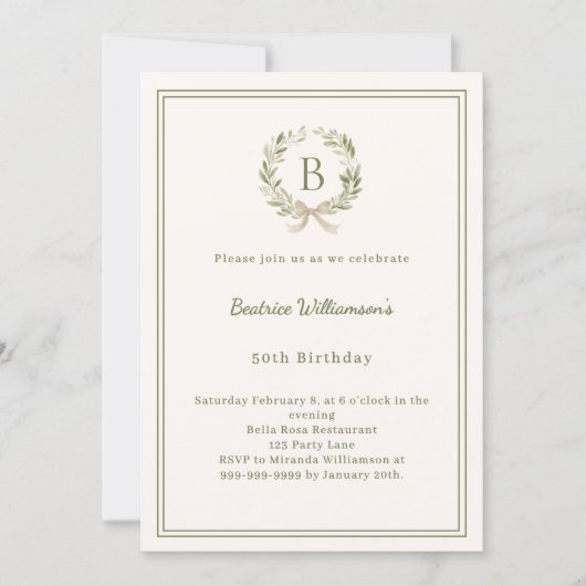 Ivory greenery wreath bow monogrammed Birthday Kaart (Voorkant)