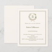 Ivory greenery wreath monogram Birthday invitation (Voorkant / Achterkant)