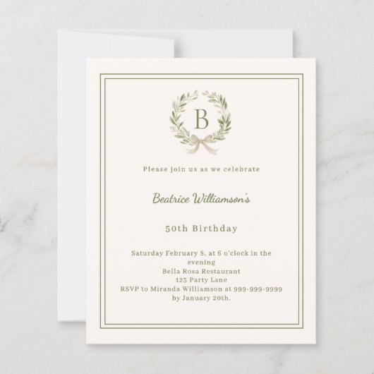 Ivory greenery wreath monogram Birthday invitation (Voorkant)