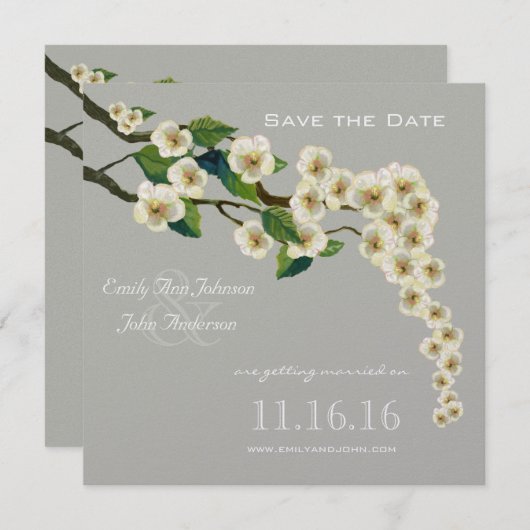 Ivory Grey Cherry Blossom Branch Save the Date Kaart (Voorkant / Achterkant)