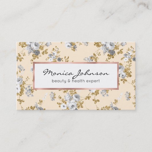 Ivory grijs wit goud glitter land boho floral visitekaartje (Voorkant)