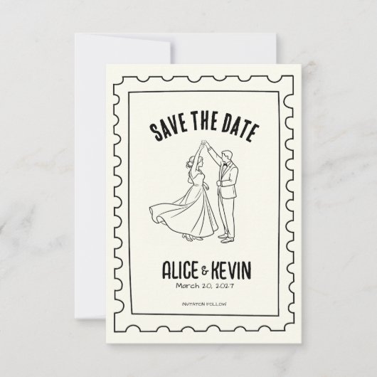 Ivory Hand Drawn Illustration Wedding Minimalist   Save The Date (Voorkant)