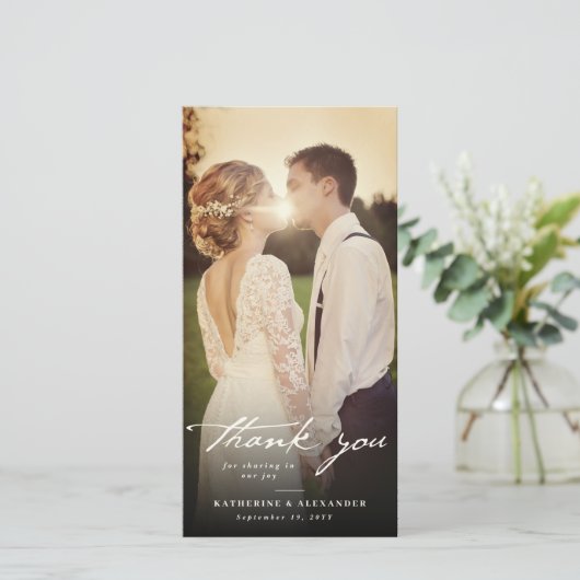 Ivory handschrift Script 3 Fotohuwelijk Bedankkaart (Staand voorkant)