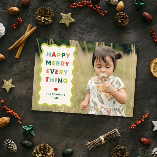 Ivory Happy Merry Wavy Christmas Photo Card Kaart