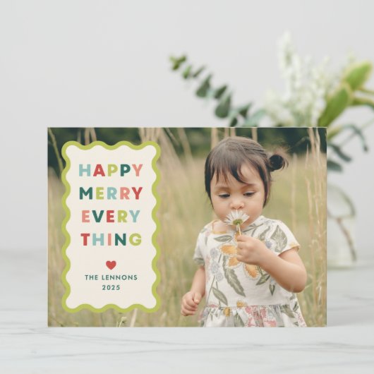 Ivory Happy Merry Wavy Christmas Photo Card Kaart (Staand voorkant)