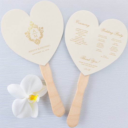 Ivory Heart Trouwprogramma Gouden Crest Monogram Handwaaier