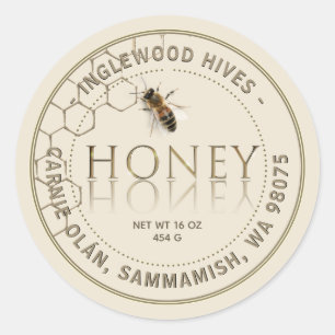 Ivory Honey Honeycomb Pattern met bijenlabel Ronde Sticker