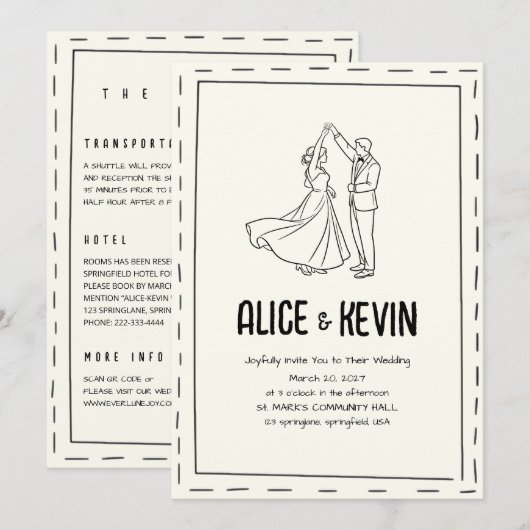 Ivory Illustration Doodle Minimalist QR Wedding Kaart (Voorkant / Achterkant)