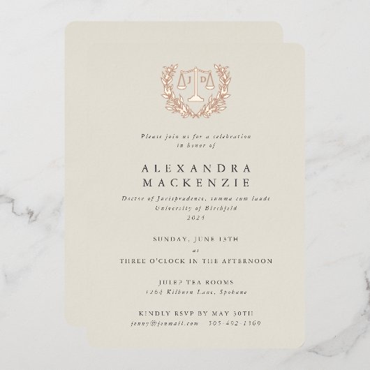 Ivory JD Law Scales+Laurel Wreath Graduparty Folie Uitnodiging (Voorkant / Achterkant)