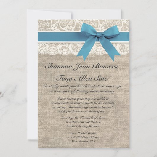 Ivory Lace Aqua Blue Burlap Wedding Reception Kaart (Voorkant)