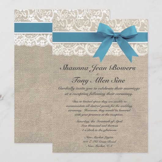 Ivory Lace Aqua Blue Burlap Wedding Reception Kaart (Voorkant / Achterkant)