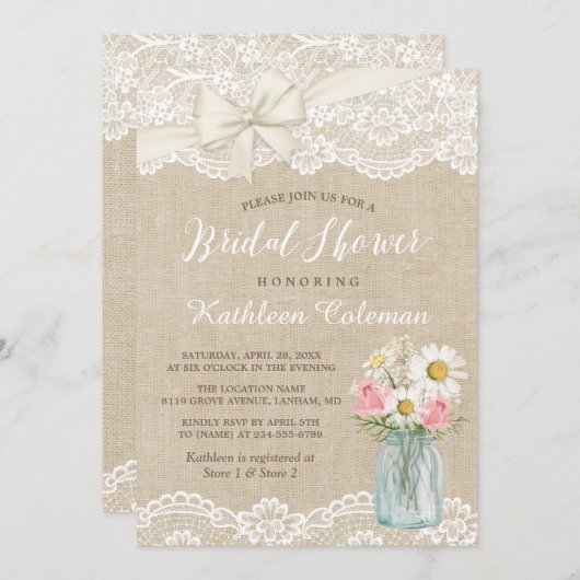 Ivory Lace Burlap Mason Jar Floral Vrijgezellenfee Kaart (Voorkant / Achterkant)