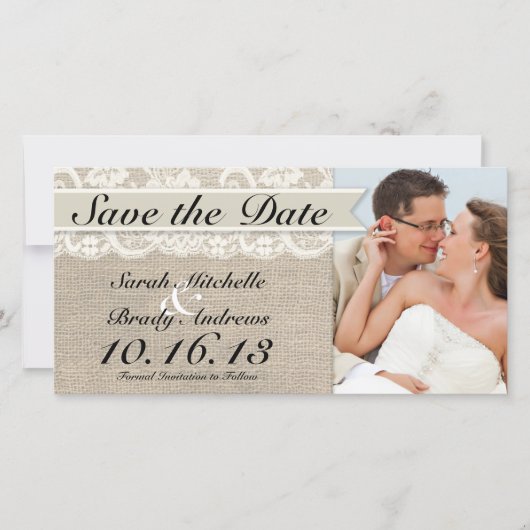 Ivory Lace & Burlap Save the Date - Ivory (Voorkant)