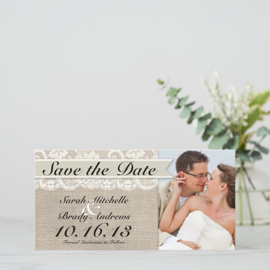 Ivory Lace & Burlap Save the Date - Ivory (Staand voorkant)