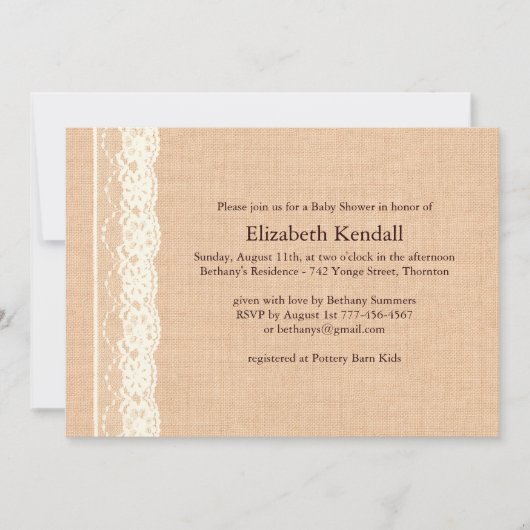 Ivory Lace en Burlap Baby shower Invitation Kaart (Voorkant)