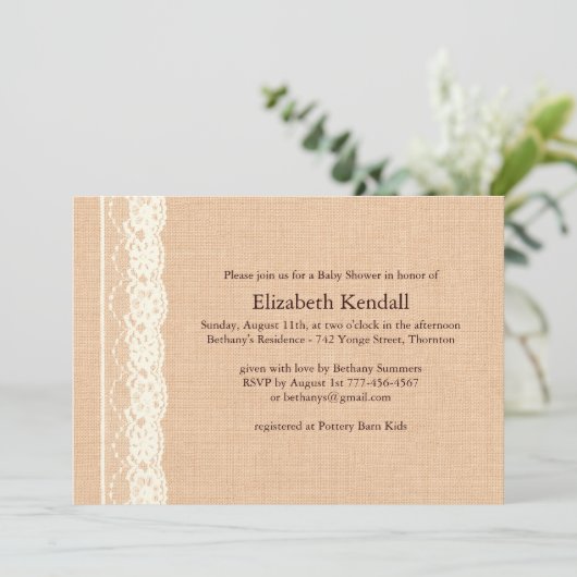 Ivory Lace en Burlap Baby shower Invitation Kaart (Staand voorkant)