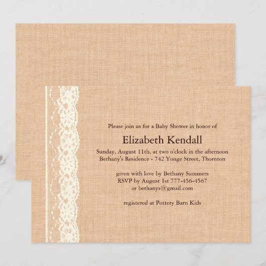 Ivory Lace en Burlap Baby shower Invitation Kaart (Voorkant / Achterkant)